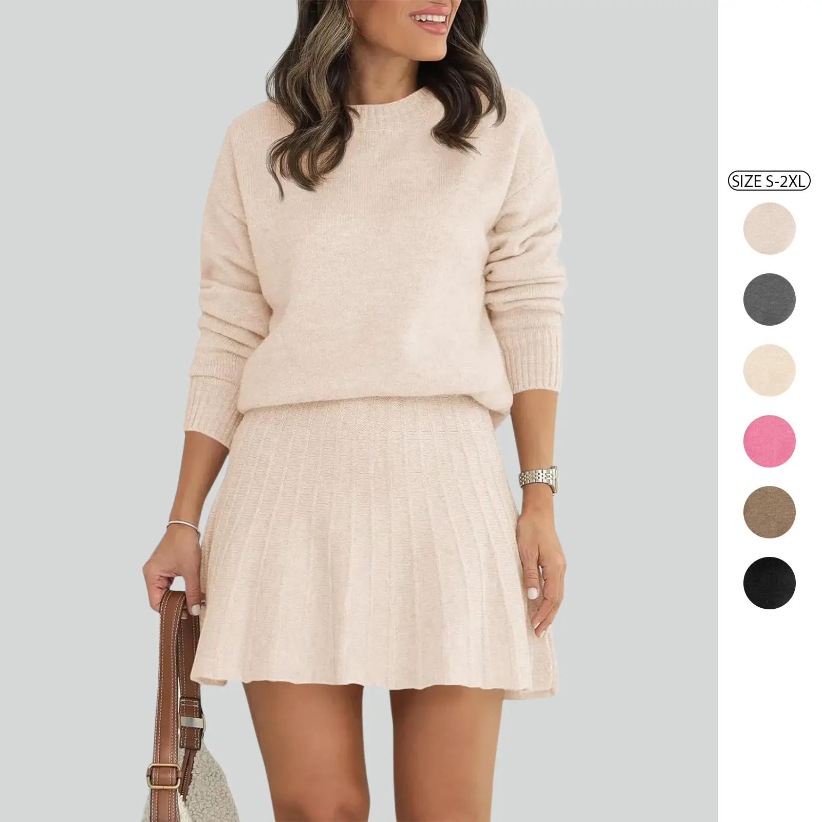 Imily Bela Womens Skirt 2 Piece Sweater Set Long Sleeve Crewneck Sweaters Pleated Mini Skirt Knit Lounge Sets