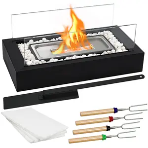 Rectangular Tabletop Fire Pit – Smokeless Ethanol Fireplace with White Stones & S’mores Kit