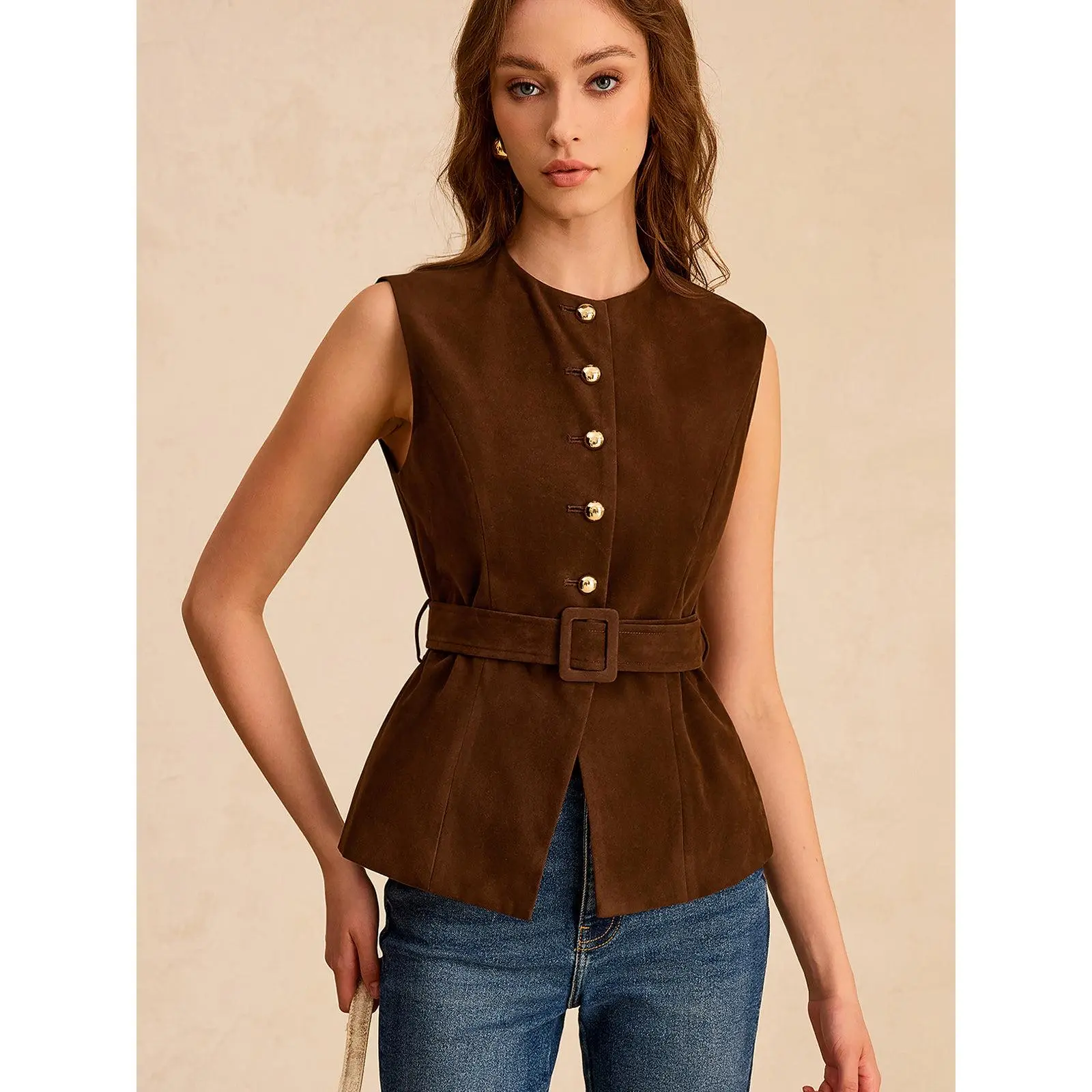 Suede Effect Vest with Belt
