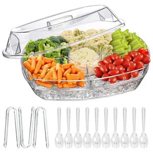 Transparent PS Plastic Airtight Kitchen Fruit & Chilled Veggie Serving Tray Set with Lid (Cover), 4-Compartment Containers, 3-Piece Handheld Tongs, 10-Piece Spork Cutlery Utensils for Parties, Outdoor Events