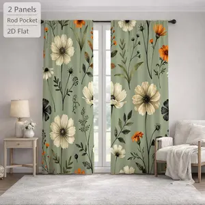 2Pcs Vintage Bohemian Wildflowers Floral Pattern Sun Blocking Curtains Digital Printed Rod Pocket, Window Treatment For Bedroom Office Kitchen Living Room Study Home Decor
