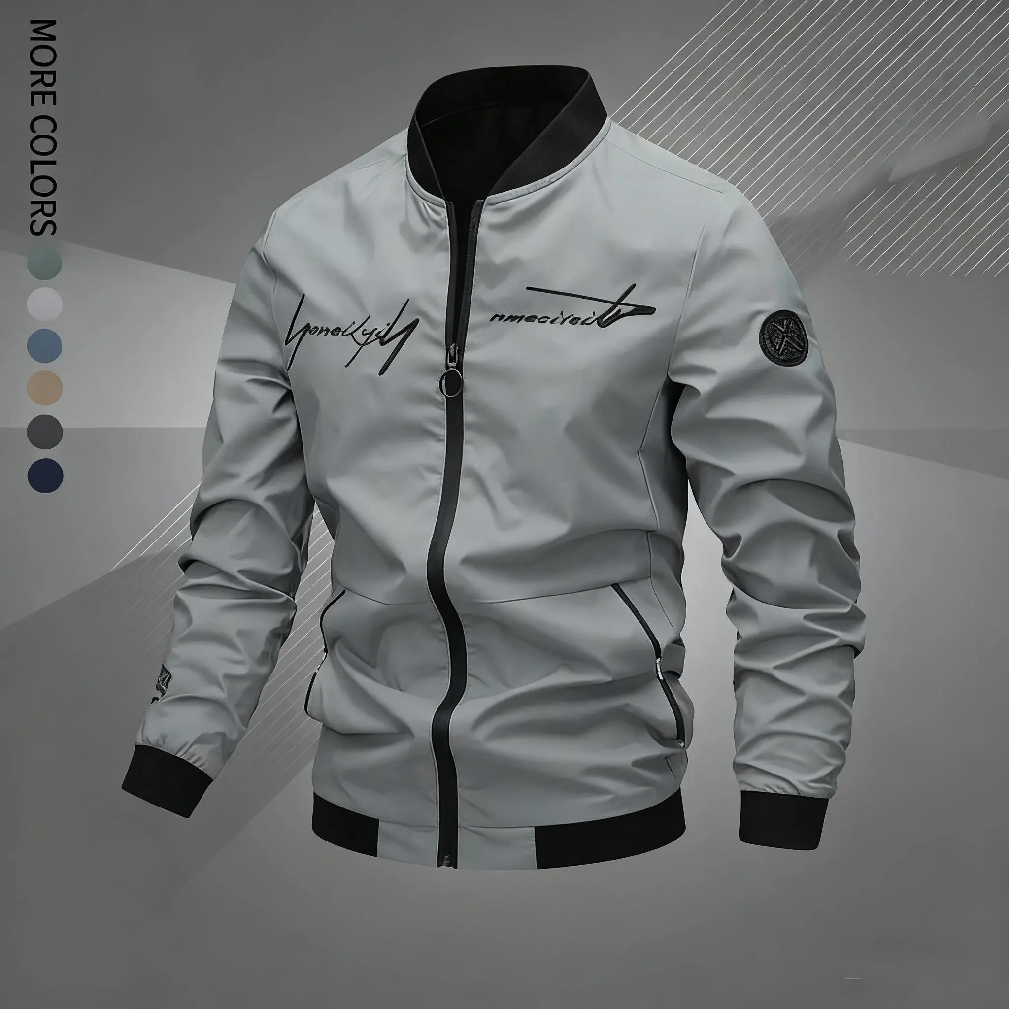 Men's Regular Fit Letter Embroidered Zip Up Pilot Jacket, Autumn Winter Casual Long Sleeve Windproof Baseball Collar Coat, Men's Everyday Wear, Men's Jacket, Black Casual Outdoor Jacket, Suitable for Work, Travel,  Coats Menswear windbreaker jacket