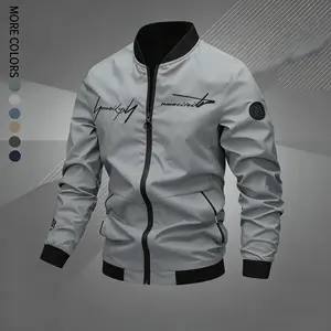 Men's Regular Fit Letter Embroidered Zip Up Pilot Jacket, Autumn Winter Casual Long Sleeve Windproof Baseball Collar Coat, Men's Everyday Wear, Men's Jacket, Black Casual Outdoor Jacket, Suitable for Work, Travel, and Daily Use Machine Washable Polyeste