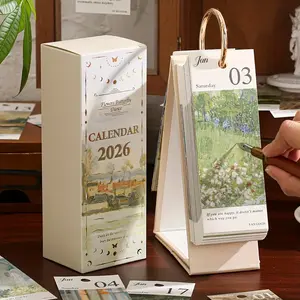 2026 Vintage /European Style Oil Painting Flip Calendar with Butterfly Pendant - Daily Planner, Monthly Tabbed Calendar for Home & Office, Memo Log & Check-in Reminder System