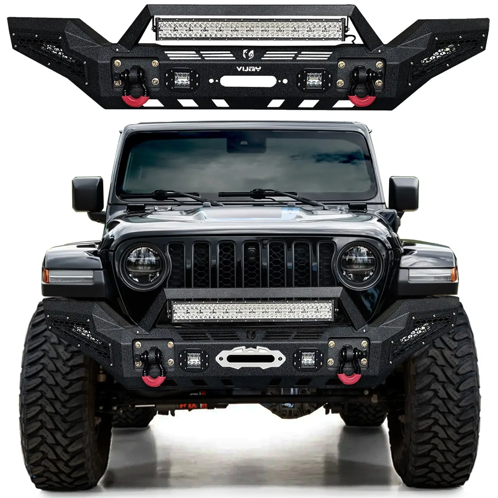 Vijay Steel Front Bumper with Winch Plate, 144W & 4x24W LED Lights, 2 D-Rings, Metal Construction, Installation Instructions, Vehicle Enhancement (70.79x13.7x14.49in) for 2007-2024 Jeep Wrangler JK/JL & Gladiator JT