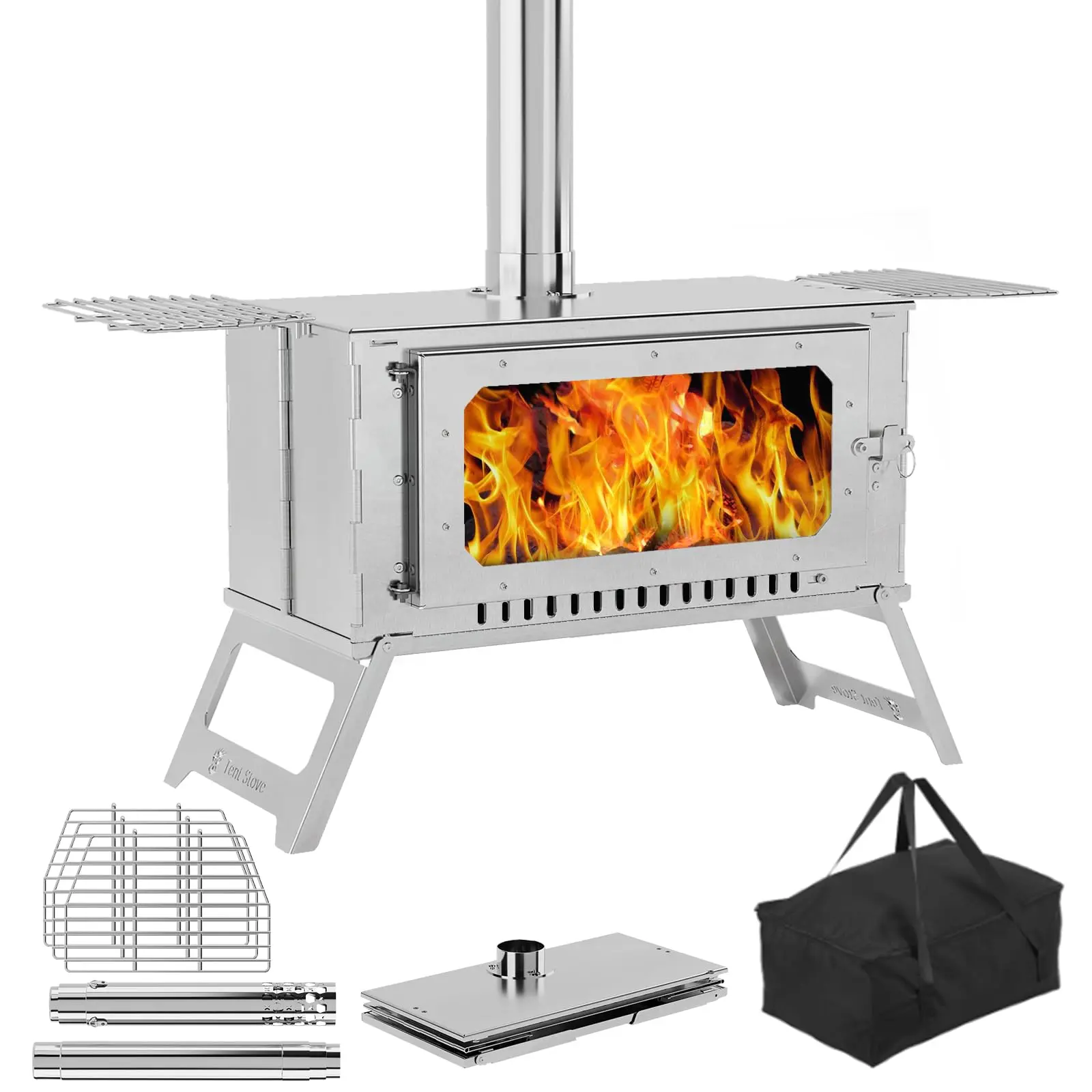 Portable Camping Wood Stove, Rust-Resistant Stainless Steel Tent Stove for Outdoor Cooking & Heating, Foldable Windproof Design with Grill, Pipes & Bag, Windproof Camping Stove