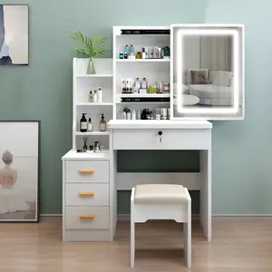 Modern White Vanity with Makeup Stool Three-Color LED Light Sliding Mirror Four Drawers One Shelf Elegant Vanity for Girls' Bedroom Storage Makeup Application Suitable for Small Rooms Apartments Bathrooms