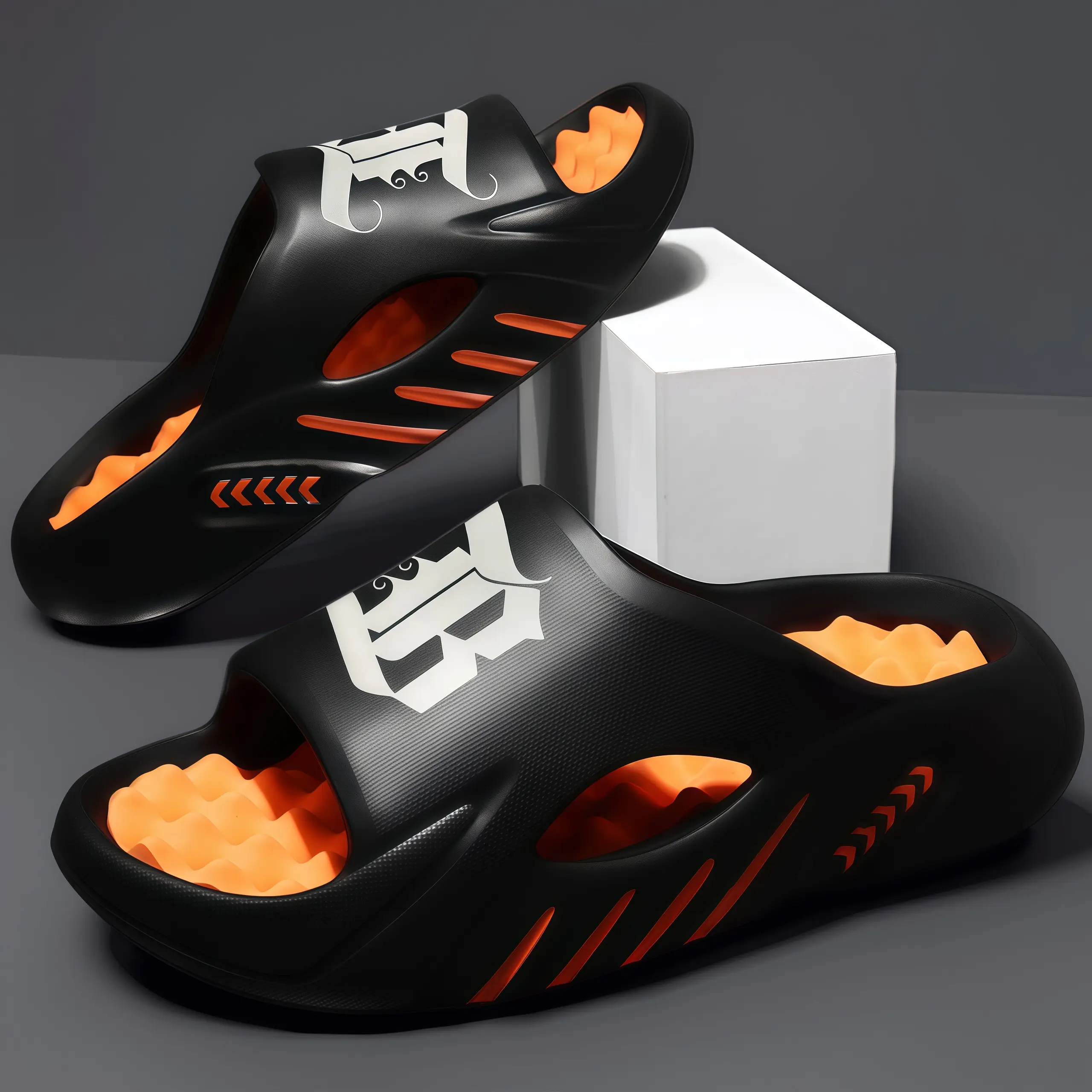 Men's Casual Gothic Letter Cloud Slides - Chunky Hollow-Out EVA Cushioned Slippers with Non-Slip Massage Insole, Breathable Sport Sandals for Indoors, Office Relaxation Eva Summer Slides Outdoors Slippers Bathroom Boy Non Slip Slippers Non Slip Design