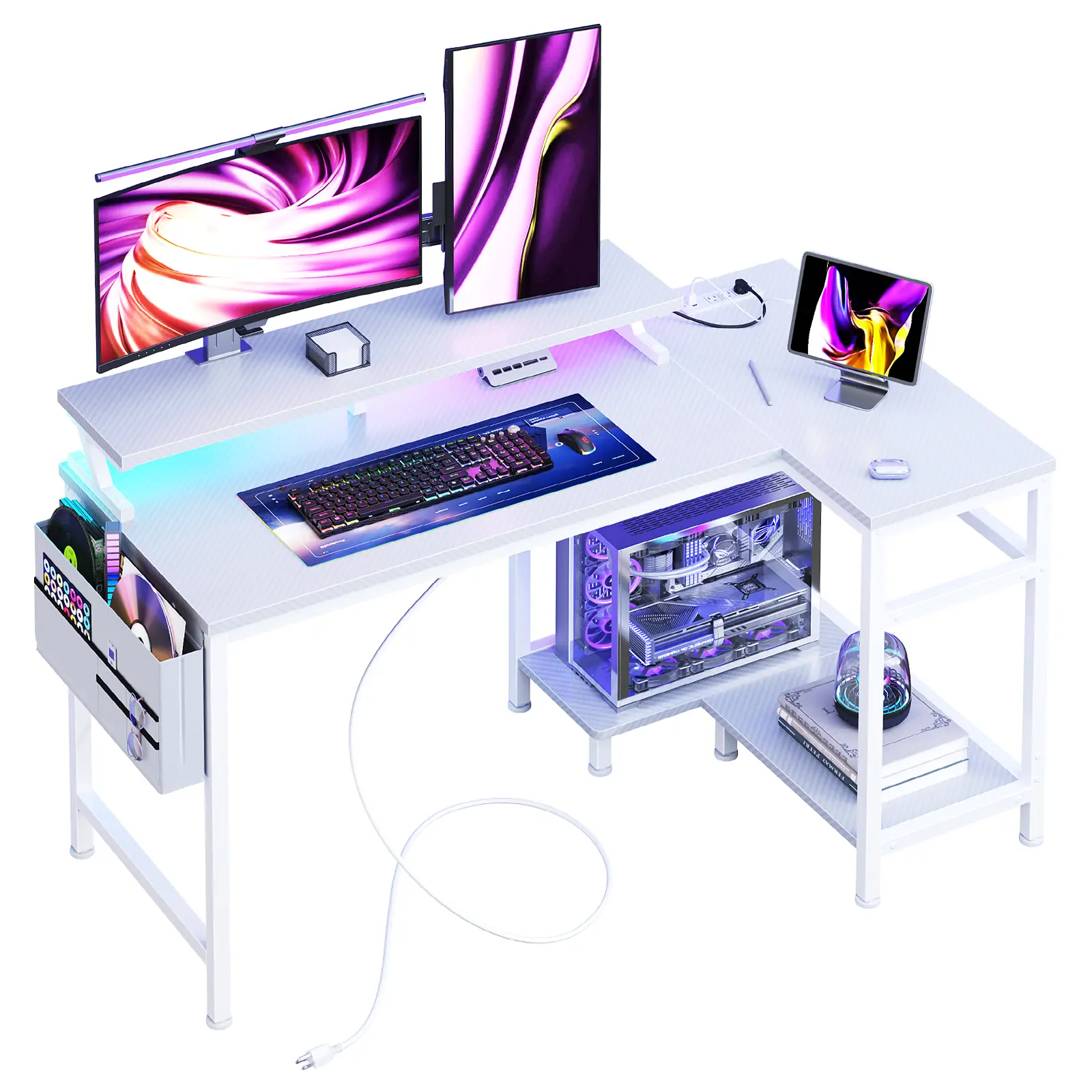 Reversible L-Shape Gaming Desk - Home Office Furniture Computer Table with Steel Frame, USB Charging Ports, Power Outlets, Type-C Port, LED Lighting, Storage Shelves, Monitor Stand, Quick Setup for Home Office, Gaming Room (Dual-Monitor Compatible)