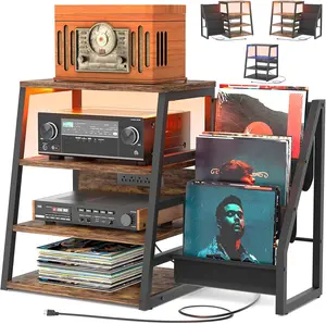 Unikito 4-Tier Record Player Stand with Vinyl Record Storage, Turntable Stand with LED Light ＆ Charging Station, Record Player Table, Media Console for Stereo