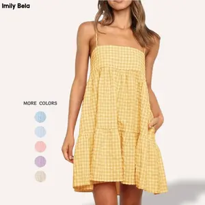 Imily Bela  Womens Cute Plaid A-line Summer Beach Dresses Spaghetti Straps Ruffle Hem Casual Mini Dress with Side Pocket