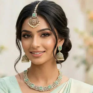 Suhani Premium Polki Necklace Set - 3-Piece Necklace, Earrings & Maang Tikka Set for Weddings & Festive Occasions