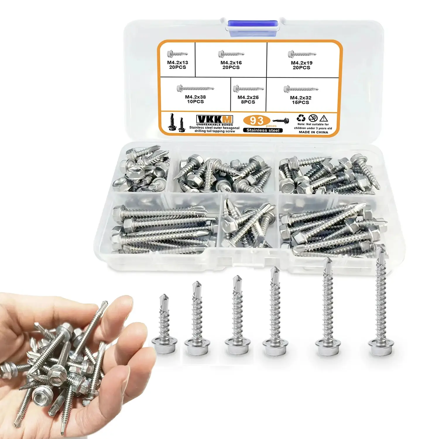 VKKM 93Pcs #8 Hex Washer Head Self Drilling Screws Assortment Kit - 410 Stainless Steel, Anti-Rust Process, Corrosion Resistance, 6 Sizes (0.5in-1.5in) Sheet Metal Tek Screws for Home Storage, DIY Projects