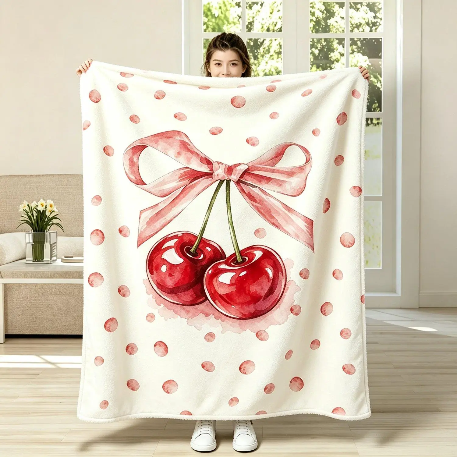 Cherry Bow Dot Flannel Throw Blanket Soft Lightweight Cozy Blanket for Sofa Bedroom Cute Aesthetic Home Decor Blanket Sweet Girly Style Nap Blanket All Seasons