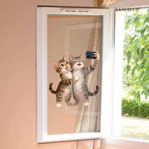 A set (30*30cm) of kitten sticking out tongue selfie window stickers, double-sided visible, holiday decorative window decals, suitable for home windows, glass doors D20646