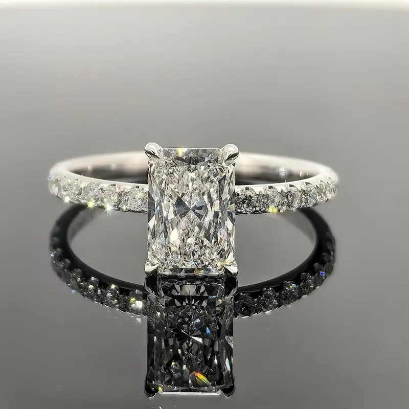 3ct radiant cut diamond  diamond band hidden halo moissiniate sterling silver 14k gold plated engagement ring
