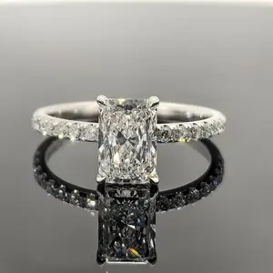 1-5ct radiant cut diamond  diamond band hidden halo moissiniate sterling silver 14k gold plated engagement ring