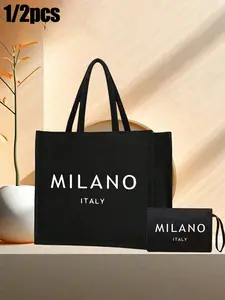 'Milano Italy' Tote Bag and Pouch with Black with White Embossed Print, Milaneses Home Town Souvenir Tote Bag, Lightweight Shopping Bag with Cosmetic Pouch, Magnetic Closure, Durable Handle, Ideal Gift for Moms, Friends & Students, Handbag Tote Bag