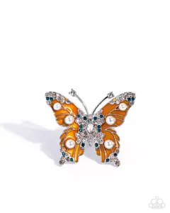 Fluttering Formal - Orange White Pearl Silver Butterfly Ring - Paparazzi