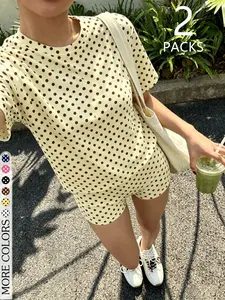 2 Pack Women's Polka Dot T-Shirt & Dolphin Shorts Set, Casual 2-Piece Summer Outfits, Trendy Boho Streetwear with Clean Girl Vibe, Perfect for Daily Wear & Vacation