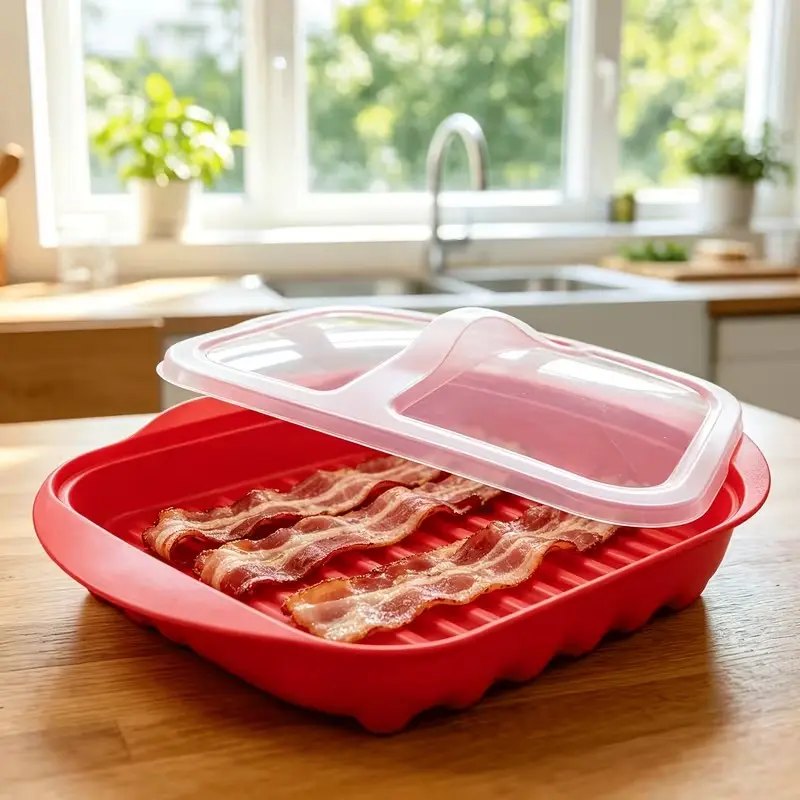 Microwave Bacon Cooker Tray with Lid - Non-Slip, Drainage Design for Fatty Bacon & Sauces, Quick Pre-Meal Prep, Dishwasher Safe, Durable PP Material, Perfect for Christmas, Kitchen Essentials, Kitchen Gadget