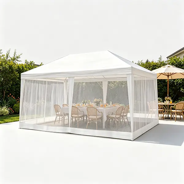 10x20ft Pop Up Mesh Frame Tent - Weather Resistant Shelter with 6 Mesh Sidewalls, Windproof, Rustproof, 1x White PE Canopy for Backyard, Lawn Quick Setup