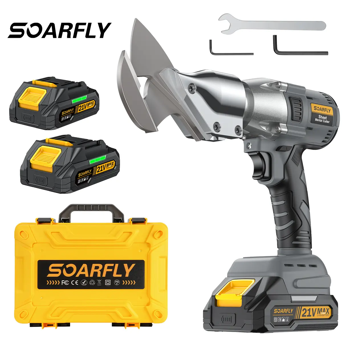 SOARLY Brushless Sheet Metal Cutter, 21V 2-Battery Model with Tool Box, 18GA Steel Cutting Capability, 360° Rotating Head, 221Ft-Lbs Torque, Father's Day Gift Option