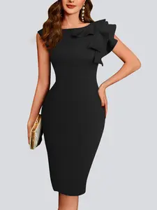 Women's Elegant Ruffle Slim-Fit Midi Knit Dress, Plain Color Office Wear, Summer Fashion, Sleeveless Design, Breathable Perfect for Work & Casual Formal Wear