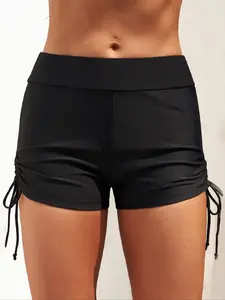 Women's Solid Ruched Drawstring High Waist Swim Shorts, Summer Clothes Women, Casual Comfy Breathable Swim Shorts for Summer, Ladies Swimwear Bottoms, Swimming Shorts