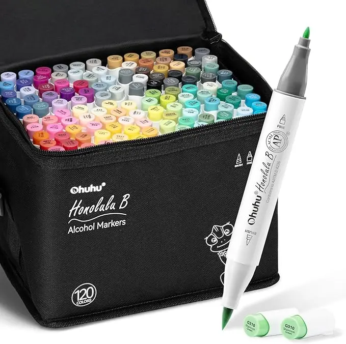 Ohuhu Alcohol Markers: Brush & Chisel / Fine - 120 Colors -Double Tipped Art Marker Set for Artist Adults Coloring Illustration - Refillable Alcohol-based Ink - Honolulu & B Series of Ohuhu