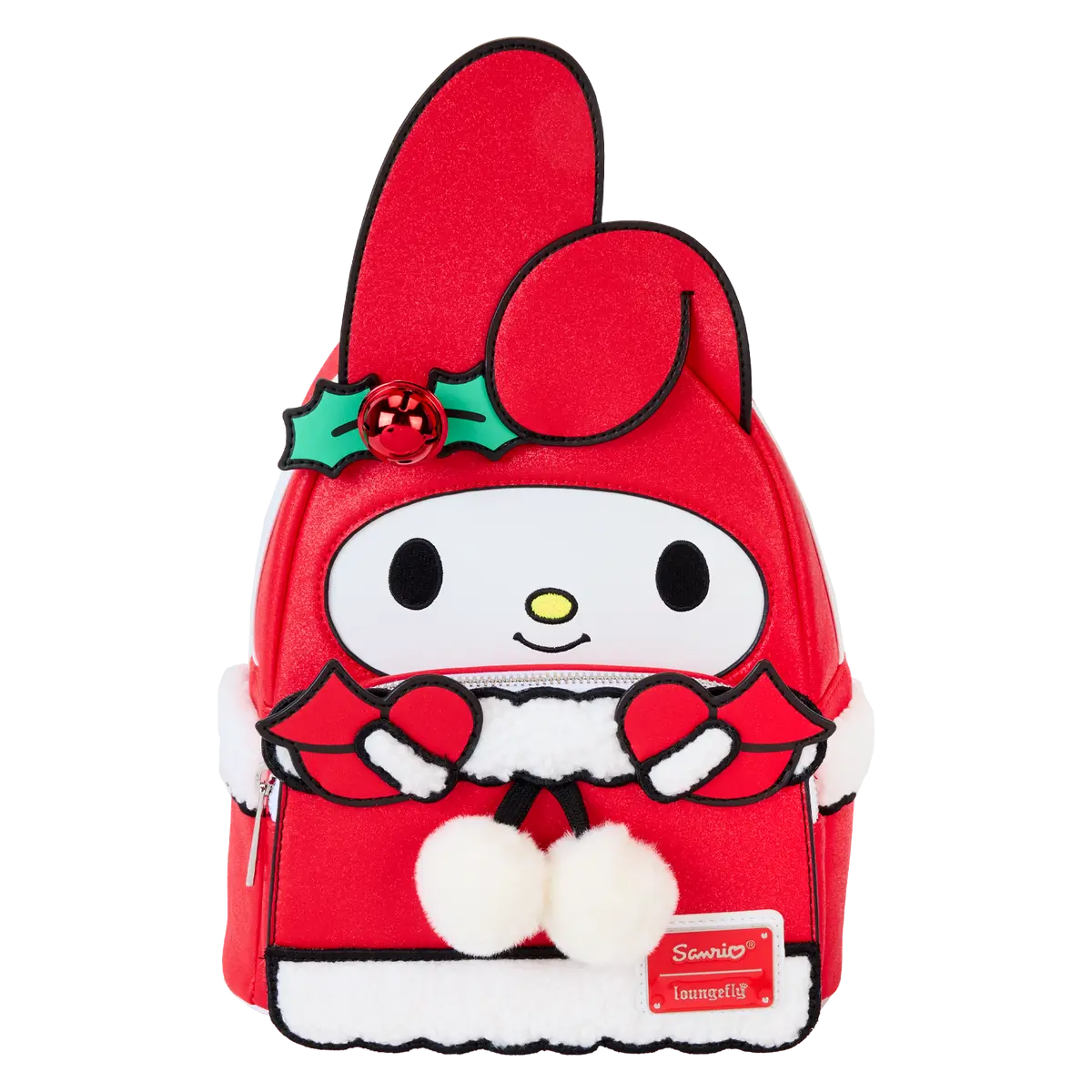 Loungefly Sanrio My Melody Winter Cosplay Vegan Leather Cute Backpack with Sherpa Trim and Jingle Bell, Fluffy Backpack, Cute Backpacks