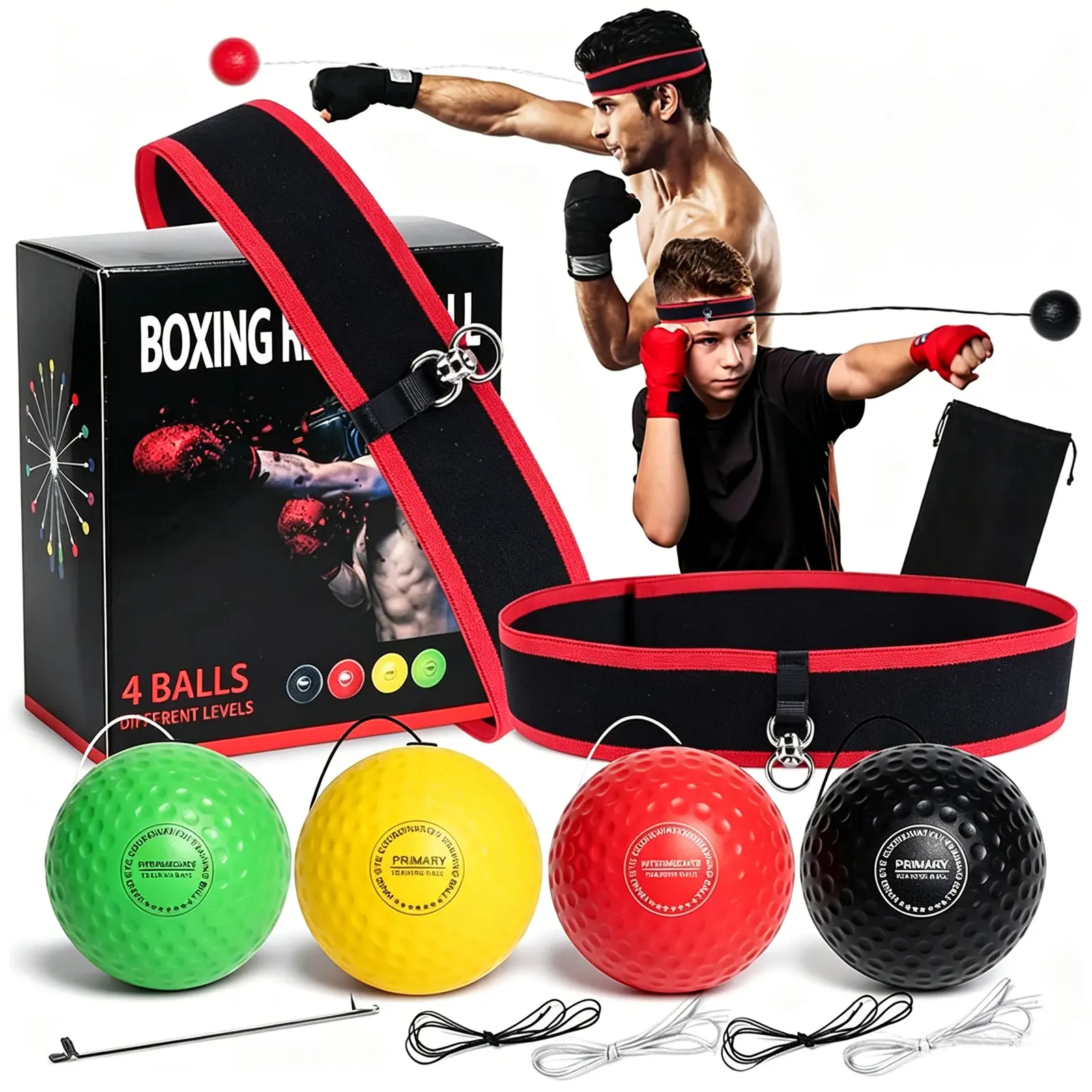 HOMEYA Boxing Equipment Reflex Ball Training Set with 4 PU Balls & 2 Adjustable Headbands for Adults & Beginners - Hand-Eye Coordination & Speed Development, Fitness for Everyone, Boxing Sets, Friends, Family