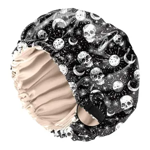 Satin Hair Bonnet Silk Bonnet for Sleeping Double Layer Elastic Adjustable Caps  Cute Aesthetic for Women Girls-Skull