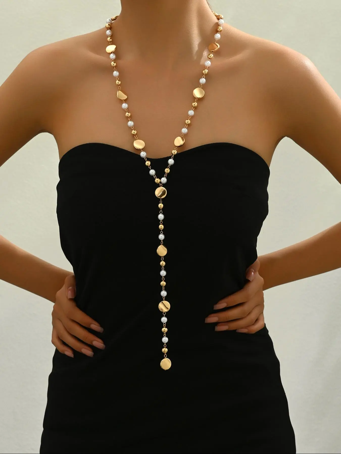 Faux Pearl & CCB Beads Decorated Necklace, Casual Y-lariat Necklace for Party, Daily Decor, All-match Jewelry for Birthday Gift, Dainty Layering Jewelry, Chain Necklace, Accessory Beaded Chain, Fashion Accessories