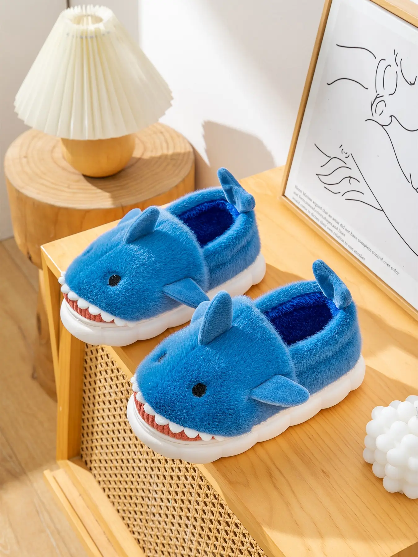 Men's Fleece Lined Home Slippers, Casual Fashionable Soft Slippers, House Shoes, Shark Style Slip-On Indoor Outdoor Warm Non-Slip Plush Shoes, Fall Winter Comfortable Footwear