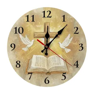 12 Inch Christian Cross Bible Dove Wooden Wall Clock | Silent Non-Ticking Religious Christian Decor, No Battery Included, Perfect for Home, Church, Prayer Room