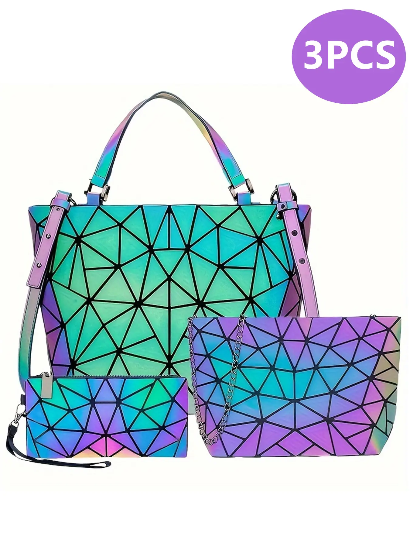 Women's Reflective Geometric Pattern Holographic Handbag Set, Fashionable Rhinestone Patchwork Tote Chain Shoulder Bag + Detachable Wallet, Elegant All-Season Accessory