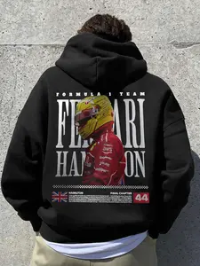 Men's Racing Driver Pattern Loose Casual Hoodie, Spring Fall Pullover with Back Printed Design, Fitted Long Sleeve Streetwear