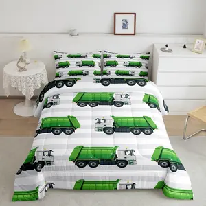 Garbage Truck Queen Size Bedding Set,Cartoon Car Designer Comforter Set,Ultra Soft Equipt Trucks Comforter,Vehicles Green White Microfiber Duvet Set