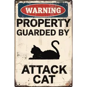 Attack Cat Warning Sign Vintage Yard Sign for Outdoor Wall Decor Metal Plaque Ideal for Garage Porch Garden Bedroom Cafe Bar Man Cave Retro Poster Gift 8x12 in