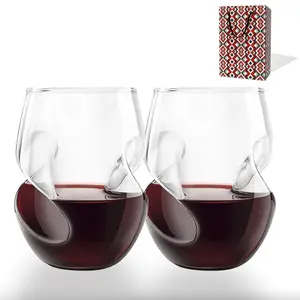 【LA000382】QUAFFER Stemless Wine Glasses with Finger Indentations – Clear Ergonomic Wine Glass Tumbler – Naturally Aerates - Large Stemless Wine Glasses for Red & White Wine – Dishwasher Safe