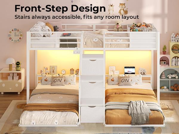 ADORNEVE Triple Bunk Bed with Storage Staircase, RGB Lights & Charging Station, Twin Over Twin, Heavy Duty Metal 3 Bunk Beds with Drawers & Headboard Shelf, Safety Guardrails, for Kids