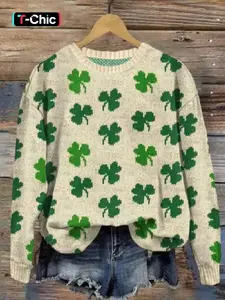 Women's Leaf Print Drop Shoulder Sweater, Casual Long Sleeve Round Neck Jumper for Daily Outdoor Wear, Women's Knit Top for Fall & Winter, Knitwear