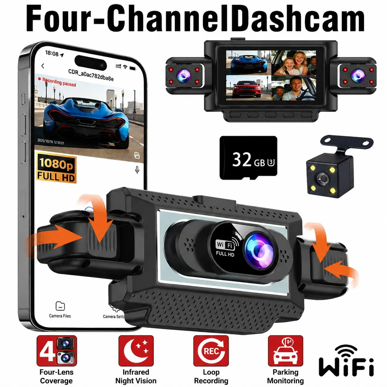360° Car Driving Recorder 1080P Ultra HD, 4 Lens Coverage, Infrared Night Vision, Night Vision Dashcam, Loop Recording, 24-Hour Parking Monitor, 5g WiFi & APP Control, WiFi Dash Camera, HD Automotive Dashcam