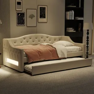 [Bellemave]Upholstered Twin XL /Full XL  Size Daybed with LED Belt and Trundle
