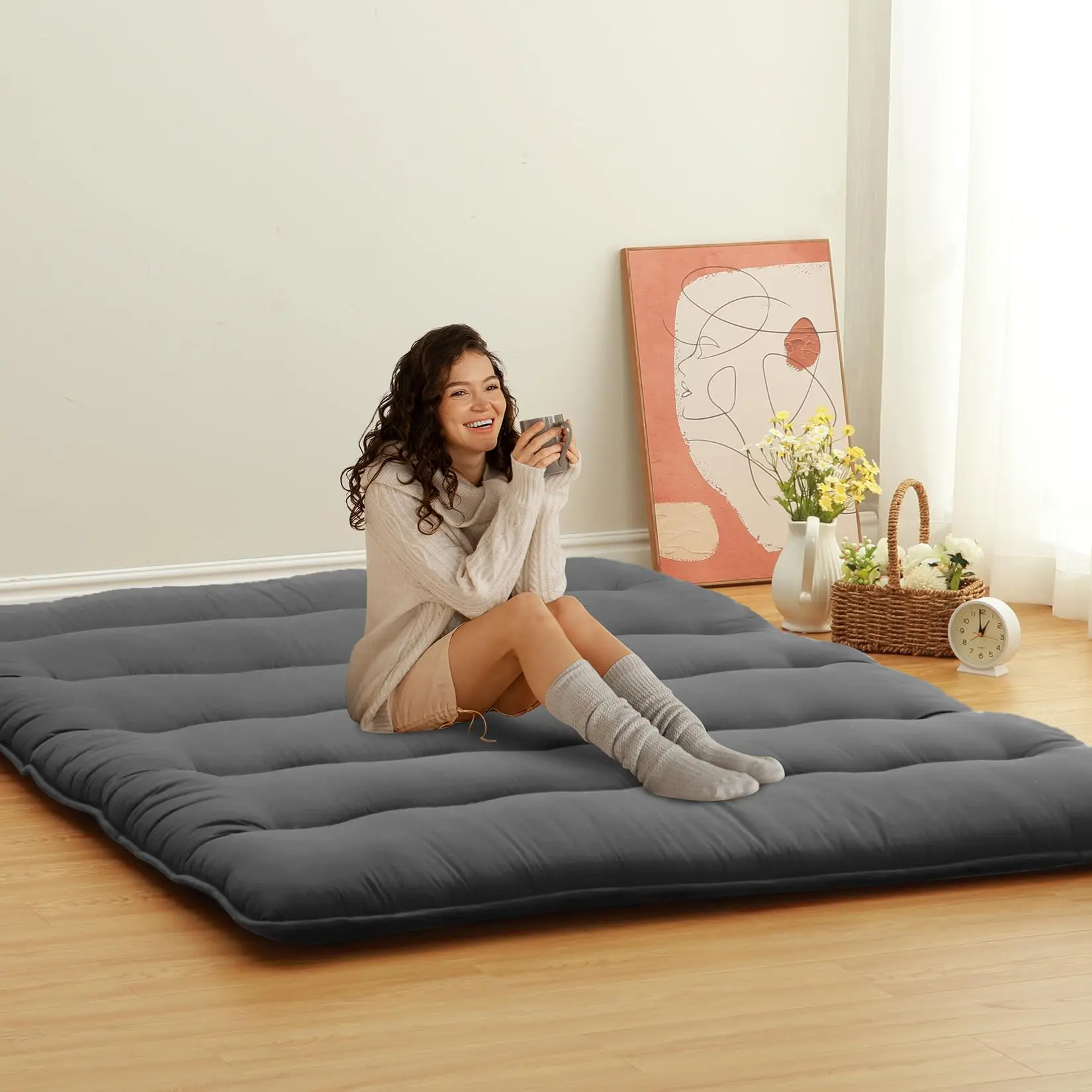 GARVEE Full Size Japanese Futon Mattress - Dark Grey Wave Pattern Tatami Mat, Foldable for Floor Sleeping & Camping