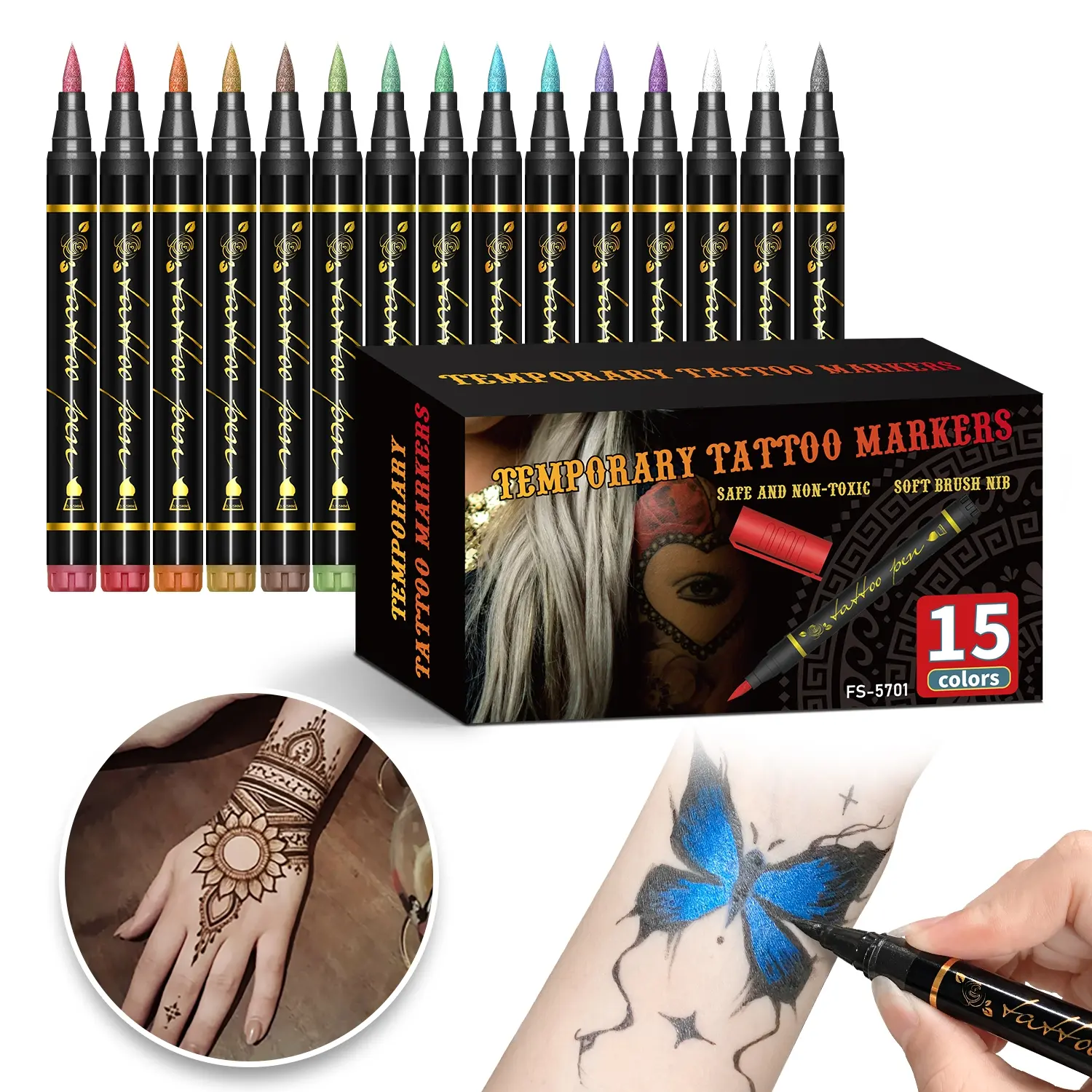 30/15 Color Temporary Tattoo Markers, DIY Body Paint Pens, Washable Ink, Water Washable, Ideal for Temp Tattoos & Creative Projects