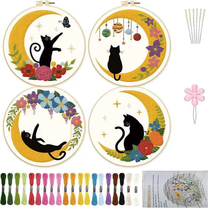Cat & Moon & Floral Pattern Hand Embroidery Kit, Flower Embroidery Kit, 4 Counts/set DIY Embroidery Kit, Including Manual, Embroidery Hoop, Embroidery Cloth, Embroidery Needle and Others, Embroidery Supplies for Beginners, DIY Kits, Diy Needlework Arts
