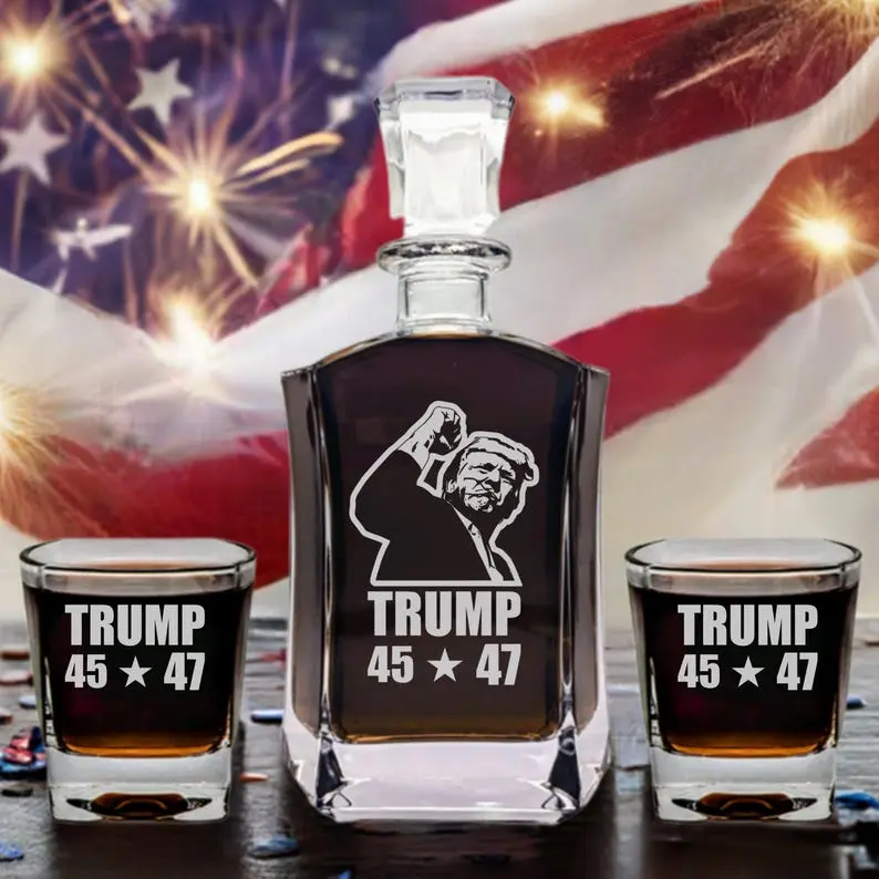 Donald Trump “TRUMP 45 / 47” FIGHT - Engraved Whiskey Decanter Set – Patriotic MAGA Gift for Trump Supporters & Collectors – Hexagonal Base