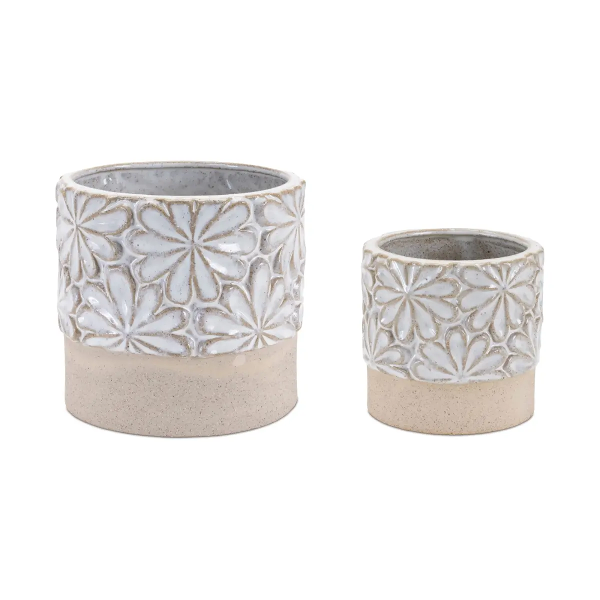 PLANTERS Melrose 92166DS Ceramic Indoor Plant Containers (Set of 2, 3.5 lbs) - 4.25"x4.25"x4" Grey, 6"x6"x5.25" Beige, Floral Print, Rustic Design, Cute Planters, Unglazed Base, Plant Decor, Ceramic Flower Pots, 4.25" X 4.25" X 4"